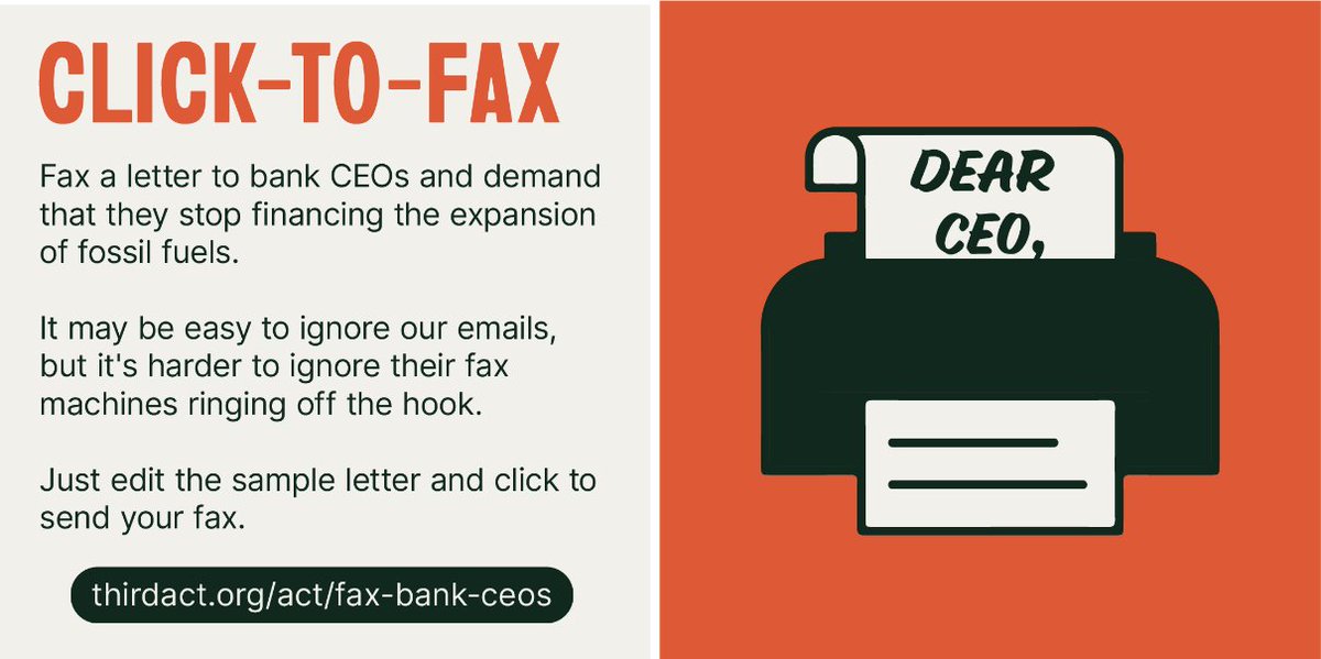 xrsfbay's tweet photo. Send a FAX to Big 4 Bank CEOs and tell them you want banks to invest in safety, security, and sustainability. Stop bankrolling fossil fuels and reduce financial &amp; climate risks. 
Visit: https://t.co/L6oKqs1Nwn
 #StopDirtyBanks #32123 #ActOnClimate https://t.co/pkPg0HBYsU