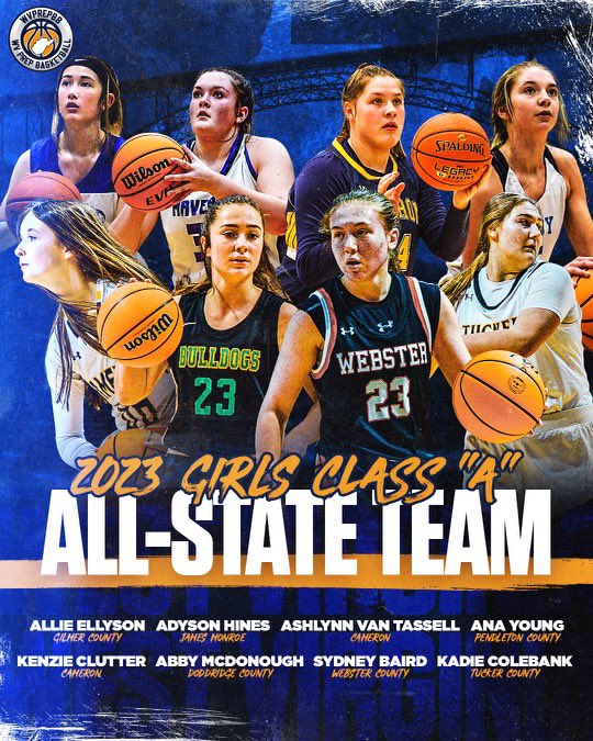 Class A Girls Basketball Team Selected by the West Virginia Sports Writers Association:

First Team

Ashlynn Van Tassell, Cameron, Jr.

Sydney Baird, Webster County, Sr. (Captain)

Kadie Colebank, Tucker Coutny, Sr.

Abby McDonough, Doddridge County, Sr.

Adyson Hines, James