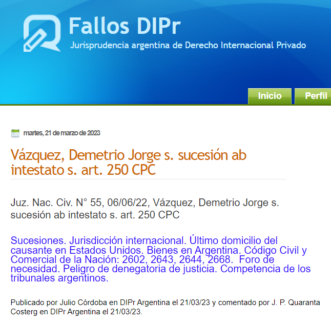 DIPrArgentina's tweet photo. Sucesión internacional, causante con último domicilio en EUA y bienes en Argentina. Interesante fallo de la justicia nacional civil, analizado por @jp40c "Jurisdicción exclusiva sucesoria y foro de necesidad" en #DIPrArgentina  #FallosDIPr https://t.co/wCPtRDNCjc