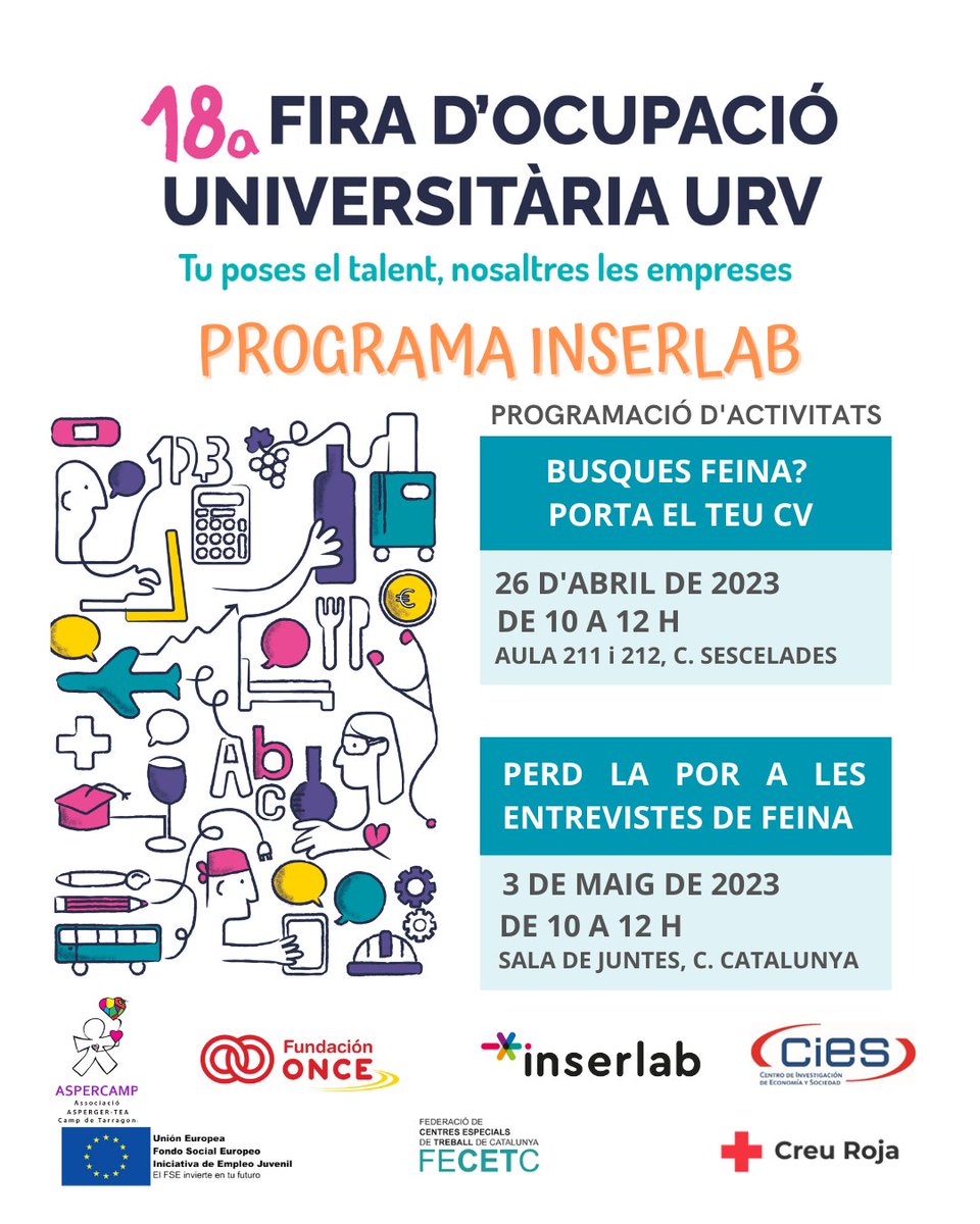 inserlabURV's tweet photo. #Breaking Ja tenim aquí les novetats de la Fira d'ocupació Inserlab-URV per a joves amb discapacitat intel·lectual, trastorn del desenvolupament i TEA

- El 26 d'abril comparteix el teu CV amb les empreses que busquen el teu talent.
- El 3 de maig, perd la por a les entrevistes https://t.co/tYlxXAsOZP