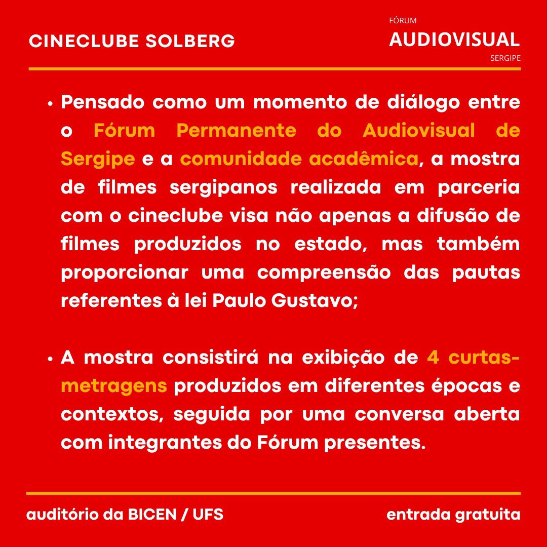 FPASergipe's tweet photo. Em parceria com o Cineclube Solberg , o FPA realizará uma mostra de filmes sergipanos no dia 28/03 no auditório da Bicen/UFS. A ação, além de exibir filmes dirigidos por realizadorxs locais, também será uma oportunidade para um diálogo sobre as pautas da Lei Paulo Gustavo. https://t.co/8UmJDO2lC7