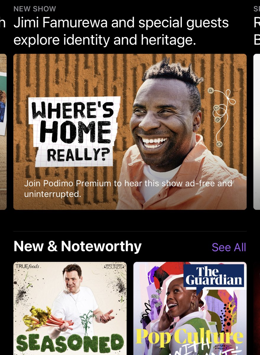 Listen (@thisislisten) on Twitter photo Delighted to see the first of our multi-show partnership with <a href="/Podimo_UK/">Podimo UK</a> front and centre on <a href="/ApplePodcasts/">Apple Podcasts</a> this week.
Hosted by <a href="/Jimfam/">Jimi Famurewa</a>, Where's Home Really? asks well-known names about their relationship with food, their culture and heritage.
podcasts.apple.com/us/podcast/whe… Delighted to see the first of our multi-show partnership with <a href="/Podimo_UK/">Podimo UK</a> front and centre on <a href="/ApplePodcasts/">Apple Podcasts</a> this week.
Hosted by <a href="/Jimfam/">Jimi Famurewa</a>, Where's Home Really? asks well-known names about their relationship with food, their culture and heritage.
podcasts.apple.com/us/podcast/whe…
