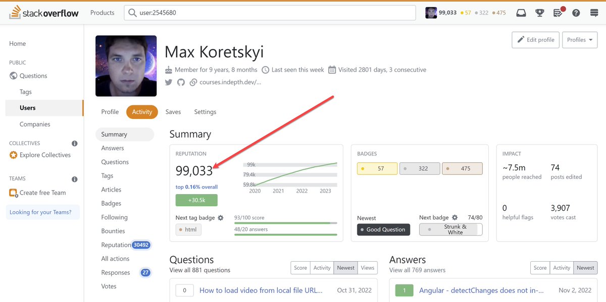 I'm just 1k shy of 100k rep on <a href="/StackOverflow/">Stack Overflow</a> . It's been a long journey 🤓