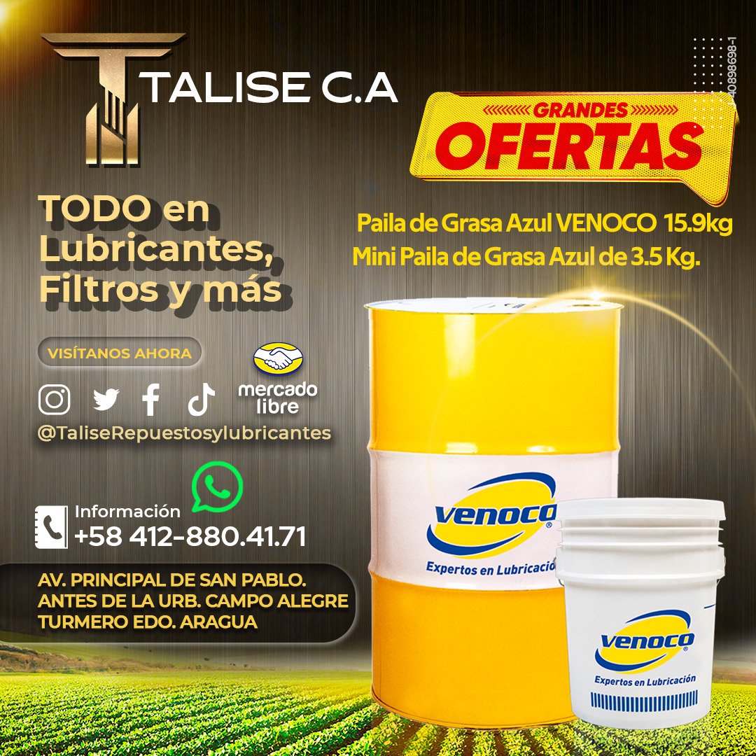Grasa azul ideal para altas temperaturas.Rolineras - Crucetas - Guardapolvos 
Somos Tienda Física
☎+58 412-880.41.71
Tenemos las mejores ofertas. HAZ TU PEDIDO AL MAYOR y al DETAL!
Envíos a Nivel Nacional
Somos #RepuestosTalise #Talise #InversionesTalise #Bateria #Duncan