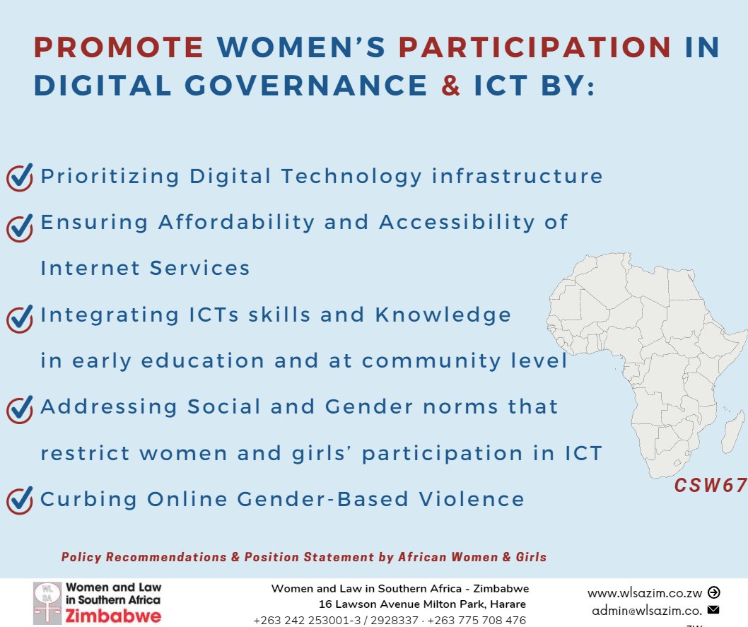 Policy Recommendations & Position Statement by African Women & Girls calls upon the inclusion of women in information and communication technologies (ICTs) and women’s participation in digital governance and policy making.
#genderequity #CSW67 #TFGBV #IWD2023