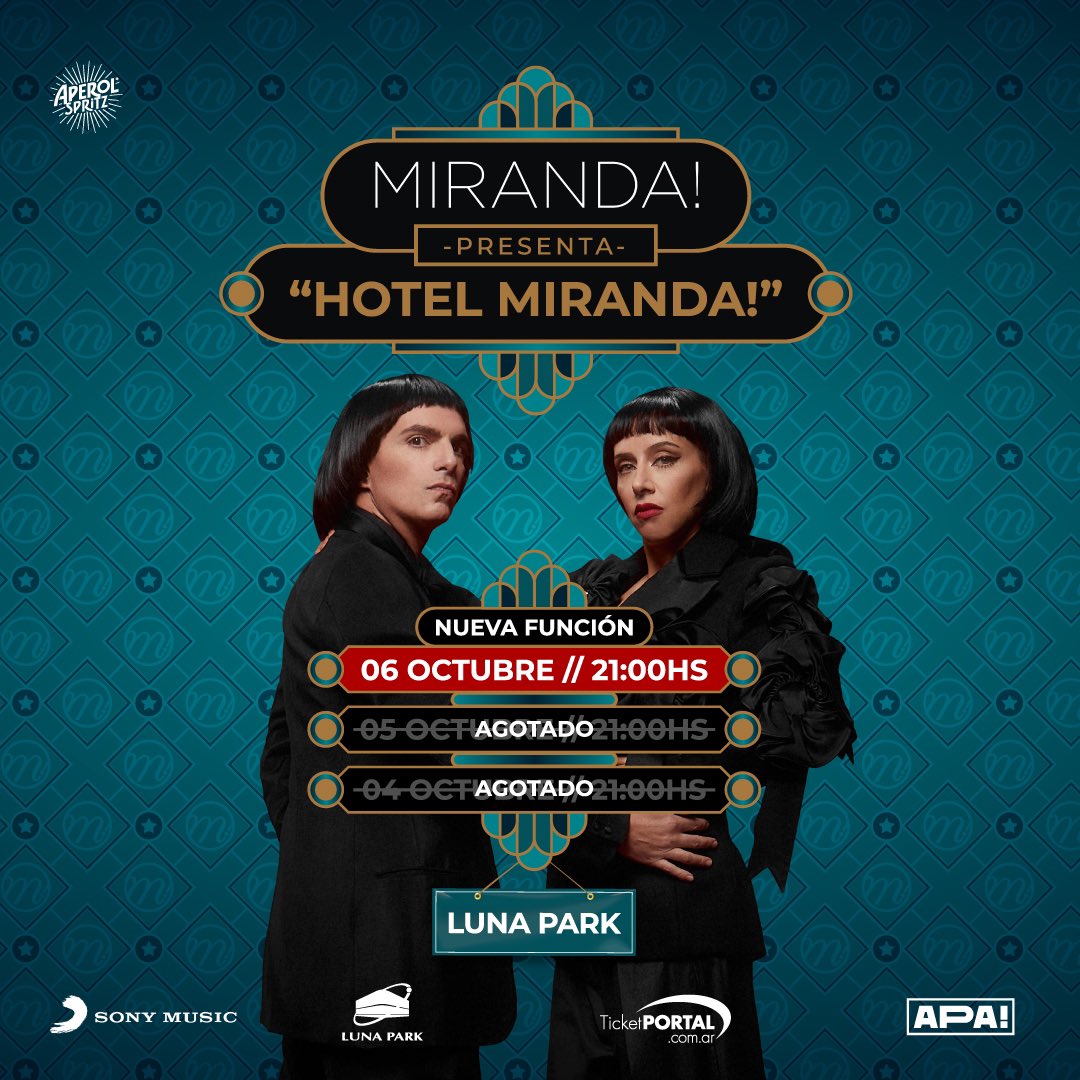 🔊¡ATENCIÓN! 🔊
Con una gran felicidad y por #LocalidadesAgotadas, ¡sumamos un tercer show de HOTEL MIRANDA! 🛎 en el <a href="/stadiumlunapark/">Luna Park</a>!
El corazón está agrandado de alegría y agradecimiento.

📌6/10 #NuevaFunción

🎫 lunapark.com.ar/concierto-1240…