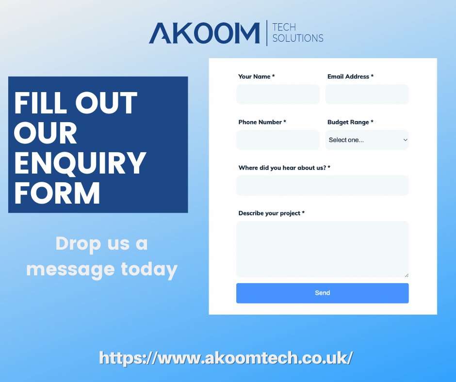 AkoomTech's tweet image. Let’s talk!
We’d love to hear what you are working on. Drop us a message, and we’ll get back to you within 24 hours.
Let&apos;s discuss your idea and how we can help you. Fill out our enquiry form to get a quote 👉 bit.ly/3wiikJZ
#AkoomTech #TechSolutions #Consulting #Tech