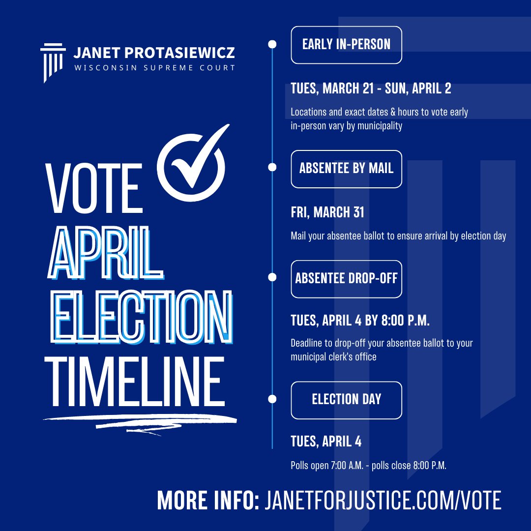 Early voting started across the state today. Find your early vote location, sample ballot, and more at janetforjustice.com/vote. Then, vote Judge Janet Protasiewicz for Justice to restore integrity to the Wisconsin Supreme Court! ✅