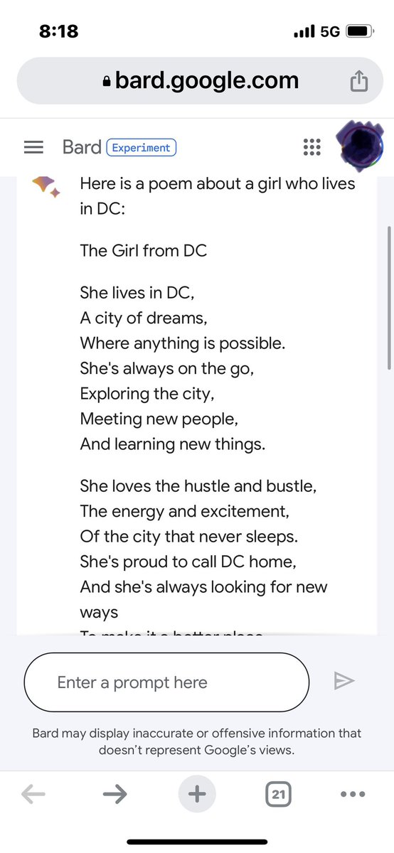 amarlevine's tweet photo. Google Bard first impressions… disappointed. No coding ability, anodyne responses, inferior poetry skills compared to Bing/chatGPT https://t.co/56oJ2oIQm0