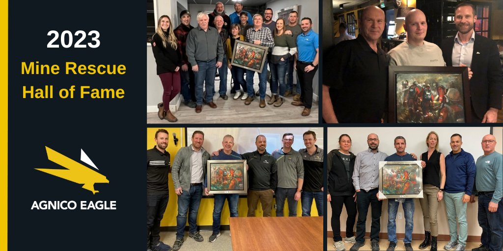 Congratulations to #AgnicoEagle's 2023 Mine Rescue Hall of Fame inductees: Dave Loder (Meliadine mine), Cliff McGill (Macassa mine), Éric Collin (Goldex mine), and Joni Kangas (Kittilä mine). Learn more about each inductee: bit.ly/3Tzi5oQ 🦺