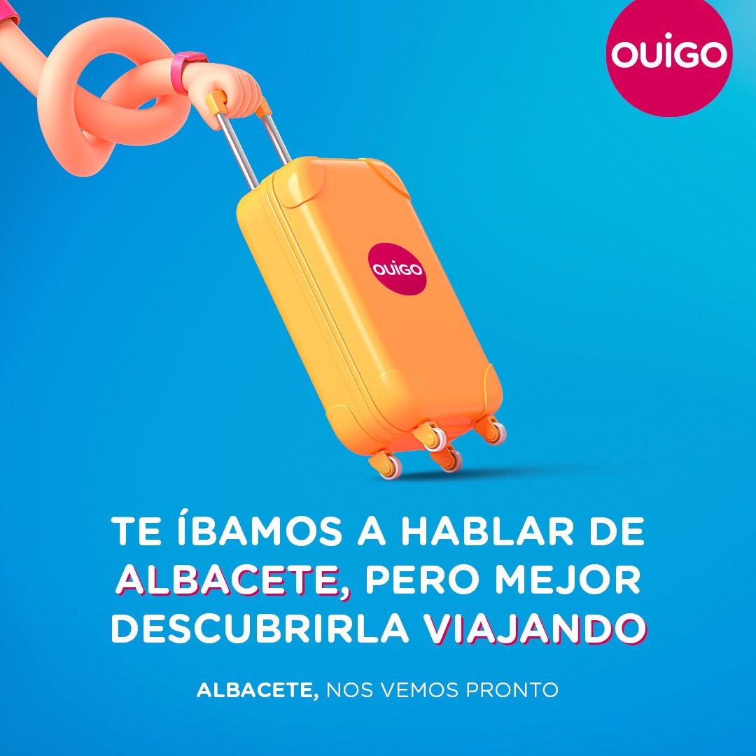 OUIGO_Es's tweet photo. Nos pedisteis destino nuevo y... ¡Os traemos dos!✌️
ALICANTE Y ALBACETE, ¡YA LLEGAMOS!🫡

A partir del 28 de marzo billetes a la venta para moverte como nunca has podido hacerlo entre Alicante, Albacete y Madrid:
Eligiendo. Con OUIGO 💕🚅

#OUIGOLetsGo! https://t.co/wTwCraWpvK