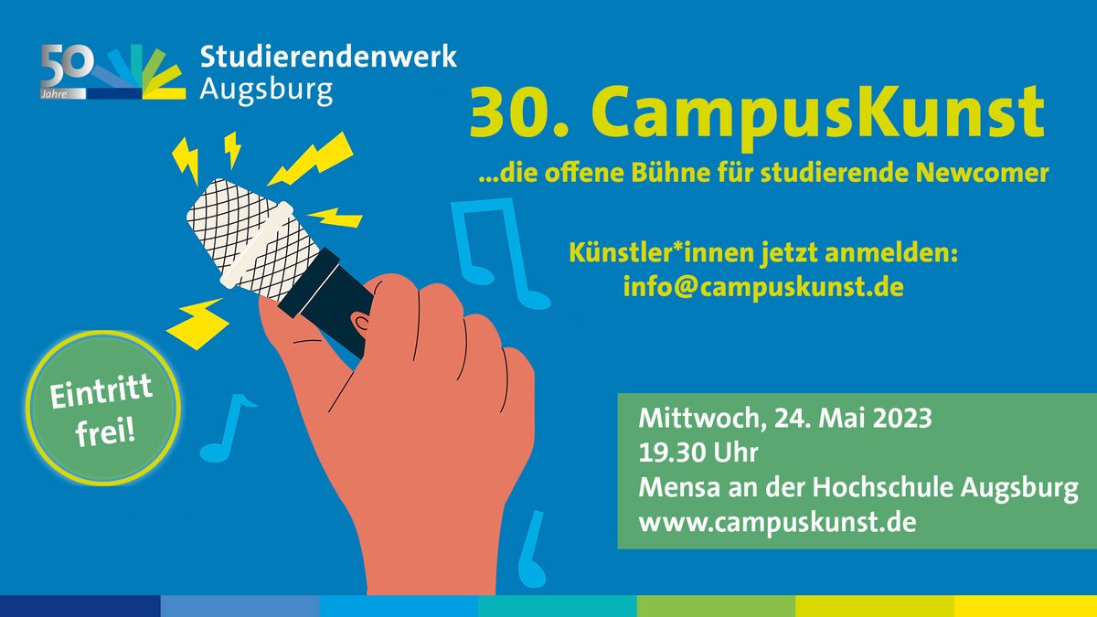 Studierende der <a href="/uni__augsburg/">Universität Augsburg</a> @HS_Augsburg

Reif für ein großes Publikum? 
30. CampusKunst am 24. Mai 2023 
Musik, Comedy, Tanz, Akrobatik, Zauberei – solo oder mit ganzer Band… 
ab ins Rampenlicht. 

Spot an für Deinen Act! 

Künstler*innen jetzt anmelden: 
info@campuskunst.de