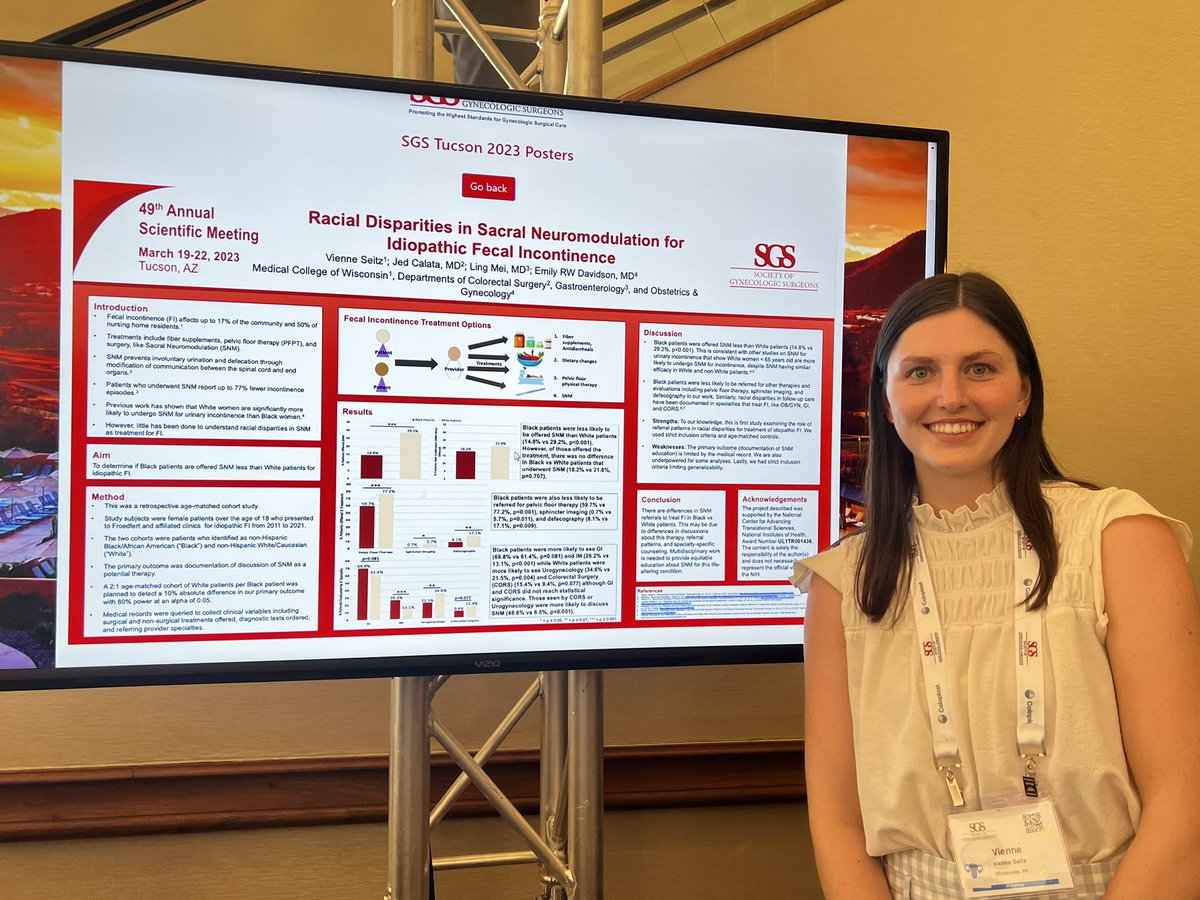 Proud mentor — M2 #VienneSeitz from <a href="/mcwobgyn/">mcwobgyn</a> — racial disparities in SNM for fecal incontinence exist… but mgmt by CORS or Urogyn may help! <a href="/GynSurgery/">Society of Gynecologic Surgeons</a> #SGS2023