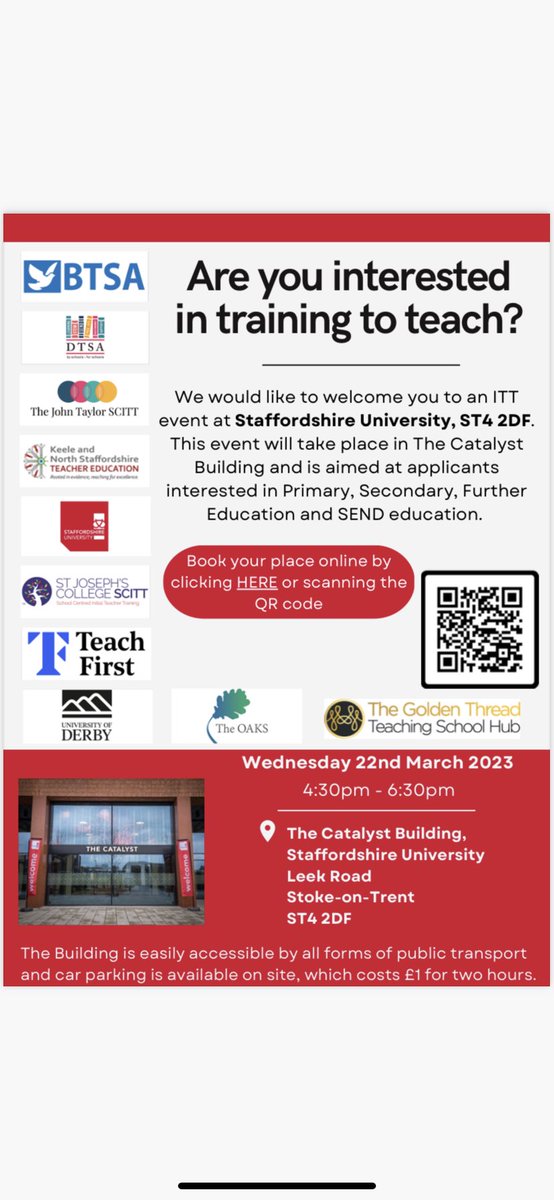 📌 Get into Teaching event - Come and meet us at Staffordshire University on Wednesday 22nd March from 4.30 to 6.30pm. We look forward to chatting to you about #TheOAKS and #teachertraining