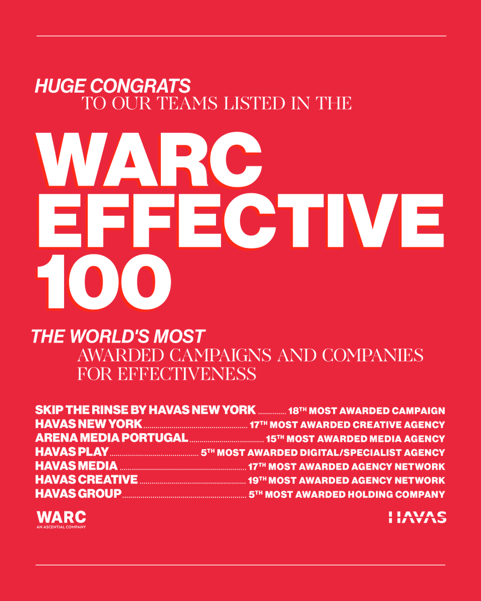 Havas (@havas) on Twitter photo Congratulations to <a href="/havasnyc/">Havas New York</a> Arena Media Portugal <a href="/HavasPlay_FR/">Havas Play 🇫🇷</a> <a href="/HavasMediaGroup/">Havas Media Group</a> @havas for being featured one the WARC #Effective100! #HavasProud Congratulations to <a href="/havasnyc/">Havas New York</a> Arena Media Portugal <a href="/HavasPlay_FR/">Havas Play 🇫🇷</a> <a href="/HavasMediaGroup/">Havas Media Group</a> @havas for being featured one the WARC #Effective100! #HavasProud