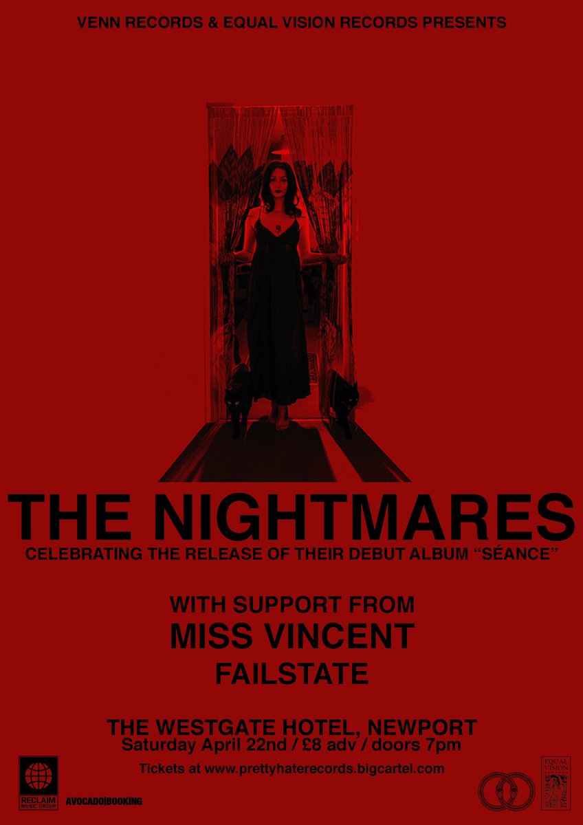 Not long now until the next Pretty Hate show! 🌹 @THENIGHTMARESUK + @missvincentband take over the ghoulish @westgatehotelNP in Newport for one special night only on Saturday, April 22nd. Support from @failstate_band. Tickets selling fast. Don’t sleep! prettyhaterecords.bigcartel.com