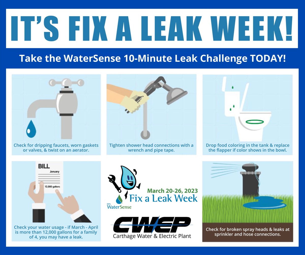 ❓Did you know..❓It's #FixaLeakWeek 💦 A household's leaks can account for nearly 💧10,000 gal. of water💧 wasted per year, & 10% of homes have leaks that waste 90 gal. OR MORE per day!🤯  Check your home today!

Track your daily usage here!👍 bit.ly/3Za8m9H