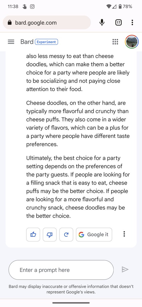 DylanSegalewitz's tweet photo. I asked Bard about cheese puffs vs cheese doodles for you @zsegalewitz 

#PixelSuperfans https://t.co/ttjQORSYjp