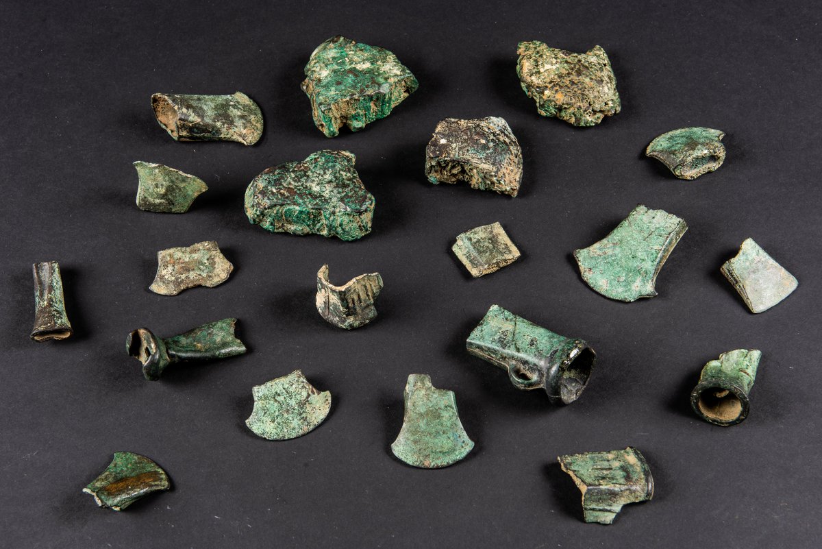 Lynn_Museum's tweet photo. 🪓The Bronze Age founders’ hoard in our #LMHoards exhibition contains broken or unfinished metal objects, likely intended to be recycled into new tools.
Late Bronze Age people were probably nomadic. The hoard may have been buried where they overwintered.
#HoardsDay https://t.co/0RNQnWBKIf