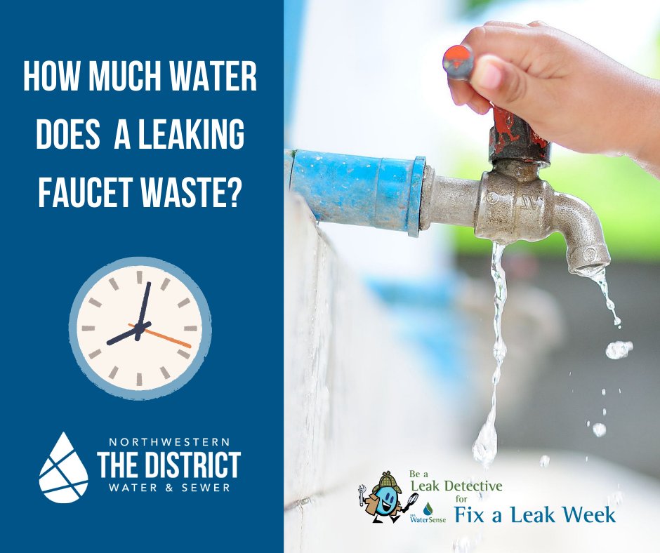 NWWSD's tweet photo. Imagine this: just one leaky faucet dripping at a rate of one drop per second can waste over 3,000 gallons of water each year! That's equivalent to the amount needed to take 180 showers! #FixALeakWeek #ConserveWater #LeakyFaucets https://t.co/VH06b2t0fh