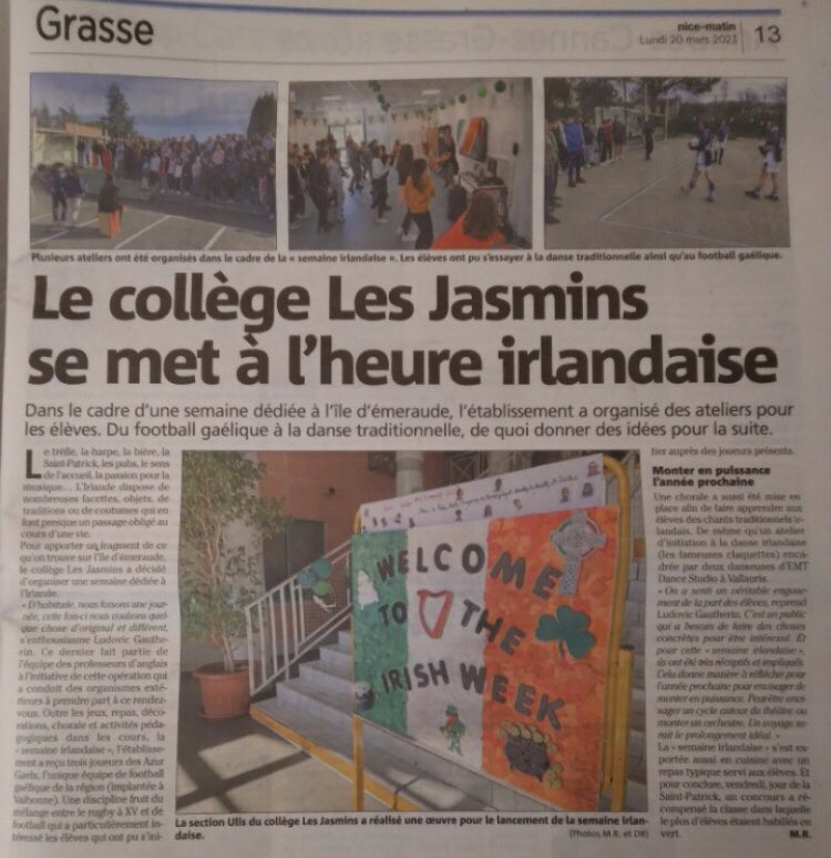 NewmanEmma2's tweet photo. 👏 Bravo au Collège des Jasmins à Grasse pour cette super initiative! Et félicitations à Ludovic Gautherin, animateur extraordinaire cycle 3, dont les 3 feuilles ☘️ seraient motivation, bien-être et apprentissages. 👌🇮🇪👏@AnglaisAcNice https://t.co/KnvLAYP8xs
