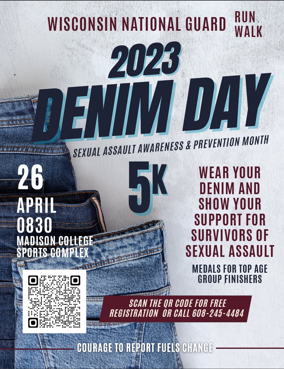 Today's the day to wear denim in support of sexual assault survivors! The #WisconsinNationalGuard is also hosting a 5k run/walk in Madison as a part of Sexual Assault Awareness and Prevention month. Step Forward! Prevent, report, advocate.