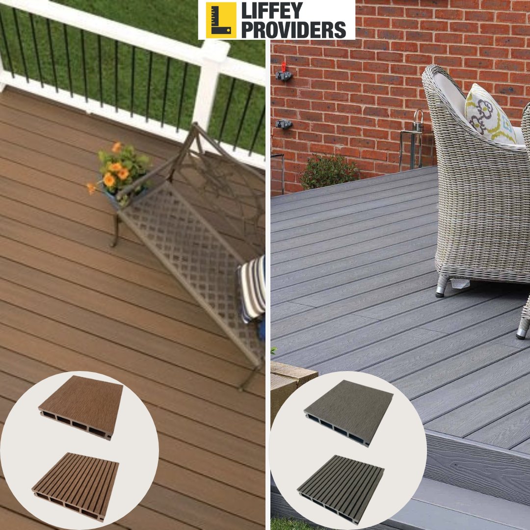 our composite decking in two lovely hues - a pleasant brown or a gentle grey. Measures 146mm x 23mm x 3.6mtr and is crafted from a blend of wood and plastic. 
Give the lads a call on 01 969 5060 for your quote today !
#compositedecking #gardenrenovation #buildingsupplies