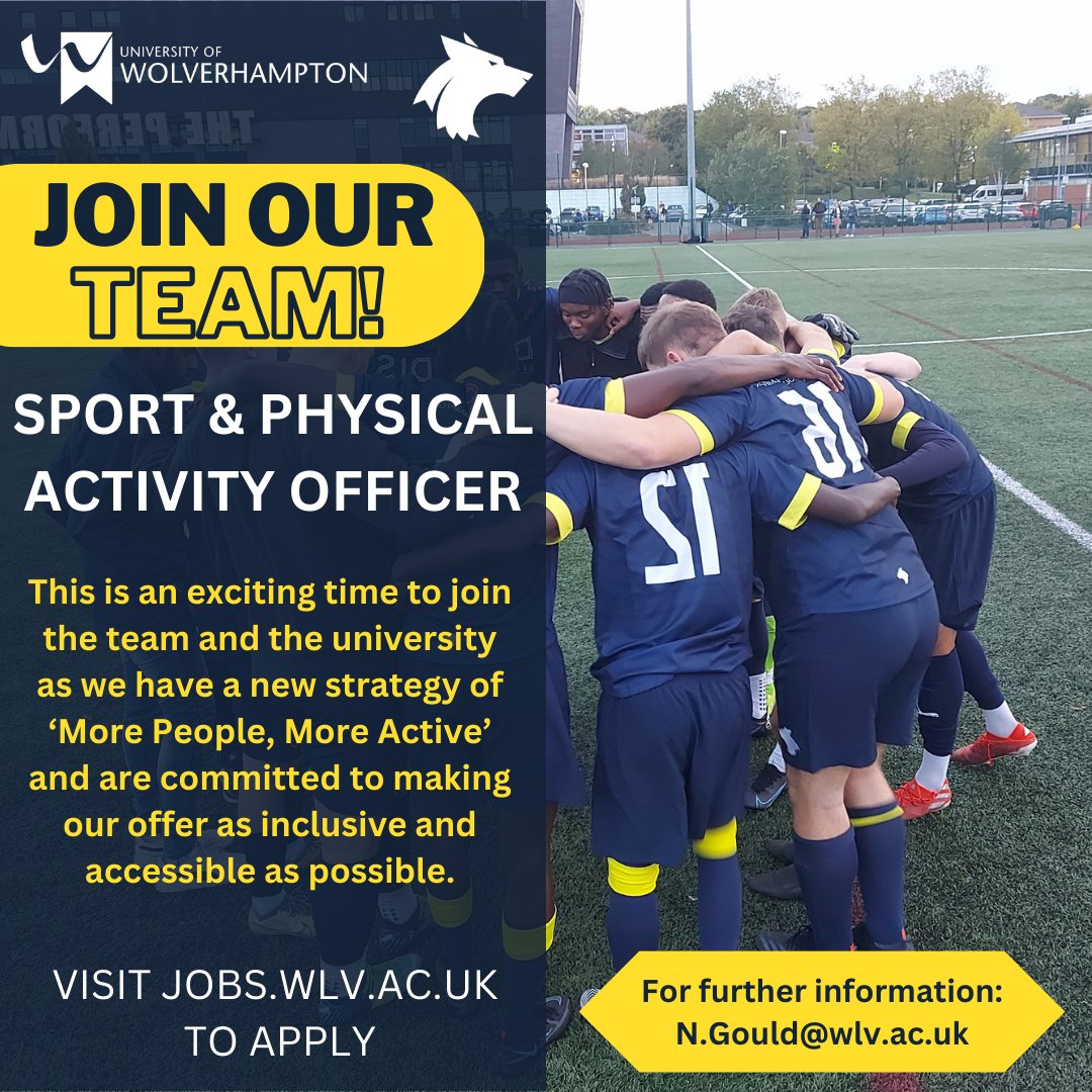 WLV Sport (@wlv_sport) on Twitter photo We are recruiting for a Sport & Physical Activity Officer at <a href="/wlv_uni/">University of Wolverhampton</a> 🐺
Job: Sport & Physical Activity Officer
💰 Salary: £22,847 - £24,871 pa
📆Deadline: 05/04/2023
For more details and to apply ⬇ jobs.wlv.ac.uk/vacancy/sport-… We are recruiting for a Sport & Physical Activity Officer at <a href="/wlv_uni/">University of Wolverhampton</a> 🐺
Job: Sport & Physical Activity Officer
💰 Salary: £22,847 - £24,871 pa
📆Deadline: 05/04/2023
For more details and to apply ⬇ jobs.wlv.ac.uk/vacancy/sport-…