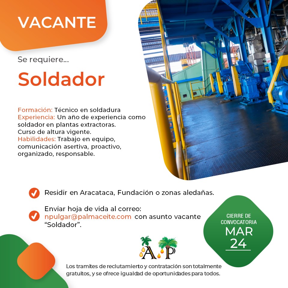 AceitesSa's tweet photo. Nuevas #Vacantes disponibles:

- Soldador.
- Operario de Maquinaria - Compostaje 

¡Se parte de nuestro talentoso equipo!
Postúlate a través del correo: npulgar@palmaceite.com

Cierre de convocatoria: 24 de marzo 2023

#trabajosihay #operario #soldador #tecnico #compostaje https://t.co/FDr7kM0yXl