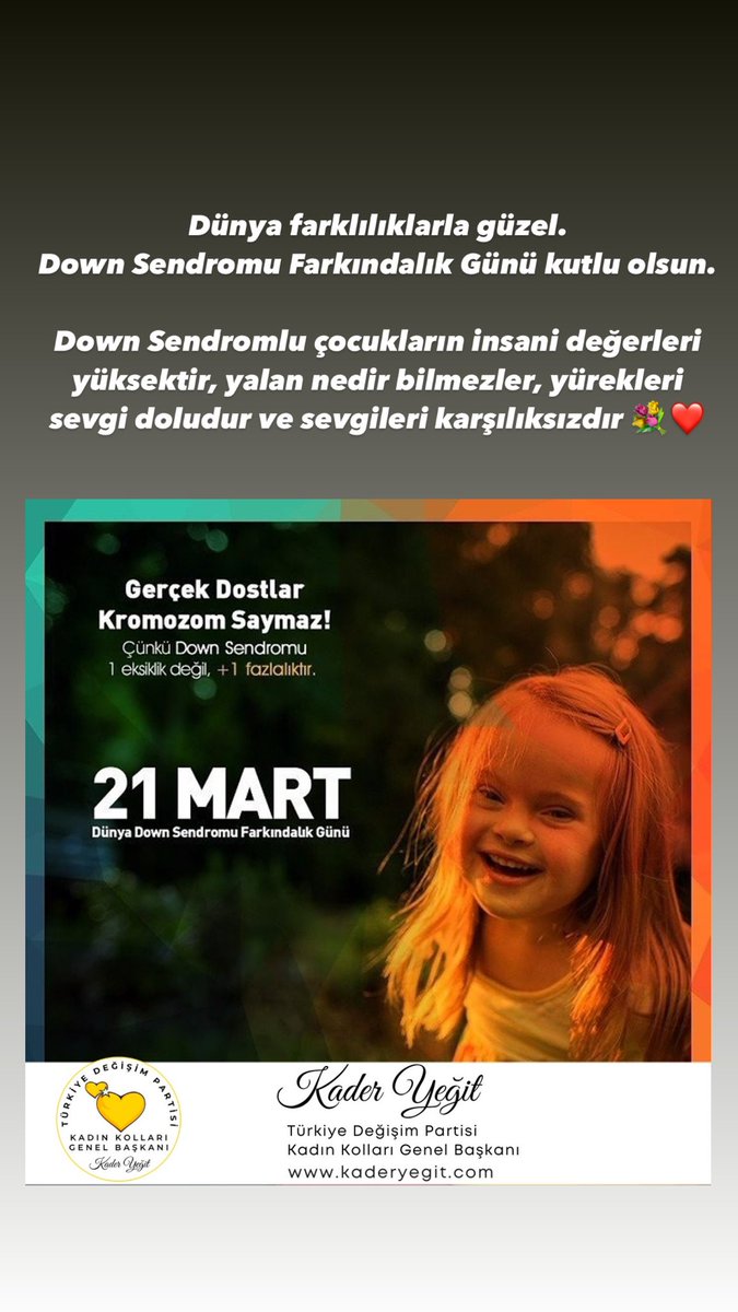 Dünya farklılıklarla güzel. 
Down Sendromu Farkındalık Günü kutlu olsun.

Down Sendromlu çocukların insani değerleri yüksektir, yalan nedir bilmezler, yürekleri sevgi doludur ve sevgileri karşılıksızdır 💐❤️

@M_Sarigul 
@TDP_turkiye 
#DownSendromu #DownSendrom