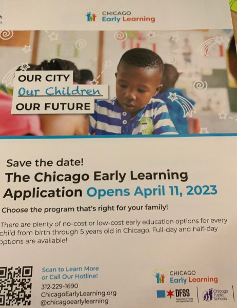 The Chicago Early Learning Application opens on April 11, 2023     La solicitud de aprendizaje temprano de Chicago abre el 11 de abril de 2023 - Please see the attached flyer for more information in English and Spanish.
Consulte... edne.tw/n842182