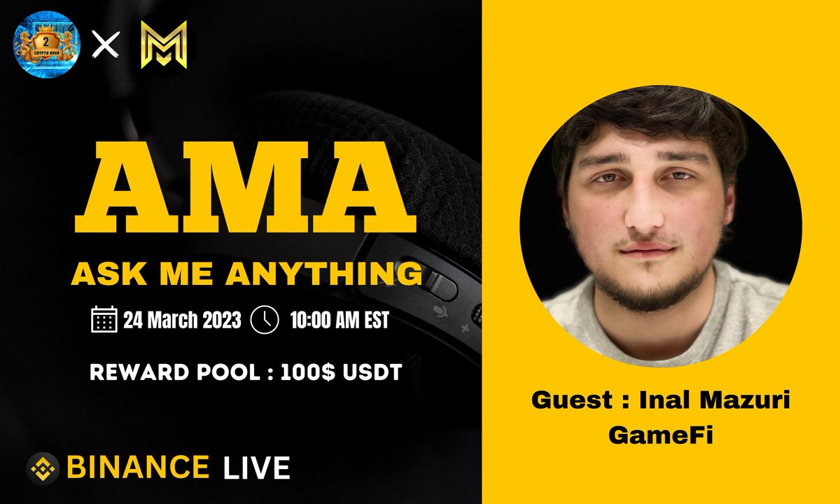 🙀CRYPTO RUSH AMA Series With MAZURI GAME-FI

🎁Prize: 100$ USDT
📆Date:  24th March 2023
🧭Time: 10:00 AM EST
🏨 Venue: binance.com/en/live/u/2825…

〽️ Rules:

1️⃣. Follow 
<a href="/Crypto_Rush0/">Crypto Rush | AMA + Space</a>
  &amp;
@mazurigamefi

2️⃣. Like Retweet &amp; Comment Your Questions (5 Questions Max)