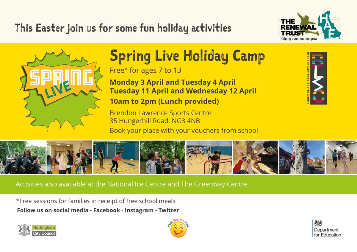 Our friends at @RenewalTrust still have places available on their Spring Live school holiday club, at Brendon Lawrence Sports Centre (also activities at the Greenway Centre and National Ice Centre). For ages 7-13 eligible for Free School Meals - book your place with your vouchers
