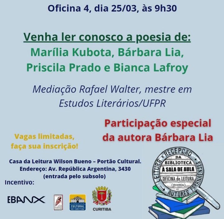 barbaraliapoet's tweet image. A convite do poeta Rafael Walter eu estarei no MUMA no sábado (25/03). Vou contar tudo sobre minha vida de Poeta.  

#literaturaparanaense #leiamulheres #MUMA.