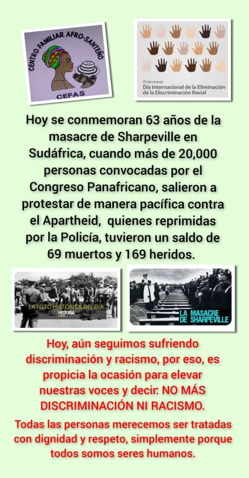 AischaU's tweet photo. El Día Internacional de la Eliminación de la Discriminación Racial se celebra el 21 de marzo de cada año. Ese día, en 1960, la policía abrió fuego y mató a 69 personas en una manifestación pacífica contra la ley de pases del apartheid que se practicab https://t.co/OEXt7LmwNC https://t.co/U87VreExzF