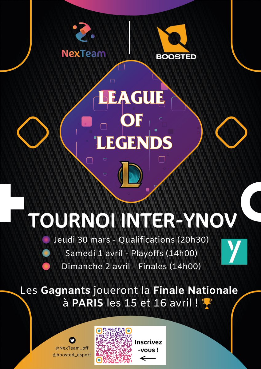 NexTeam organise en collaboration avec <a href="/boosted_esport/">Team Boosted</a> , un tournoi Lol réservé aux étudiants d'Ynov ! 🎮
L'équipe gagnante ira représenter notre école, lors d'un tournoi inter campus à Paris le week-end du 15 et 16 avril !😍
Pour t'inscrire:
forms.gle/247aow4PV4EVak…
A bientôt😃