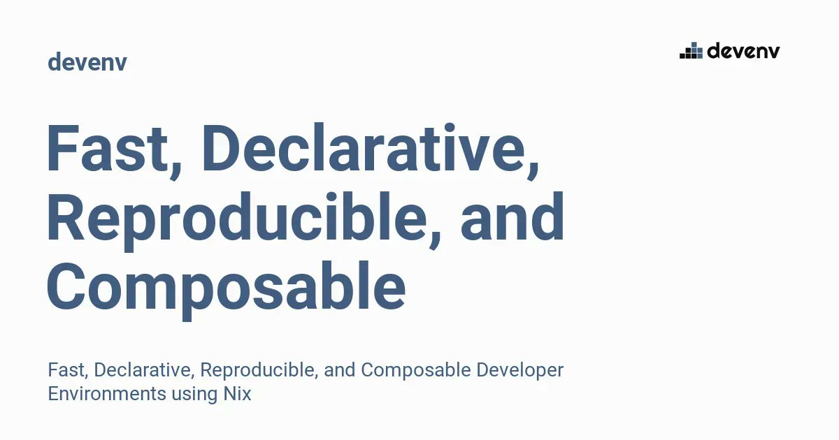 transloadit's tweet photo. devenv – Fast & Reproducible Dev Environments 🚀 Unify your dev environment setup with a single command. Over 80k compatible packages. Plus, declarative approach & open source. Check it out! #developer #opendev #devops #programming #developers
https://t.co/UolL34BCwl https://t.co/HlgEkGs6YN