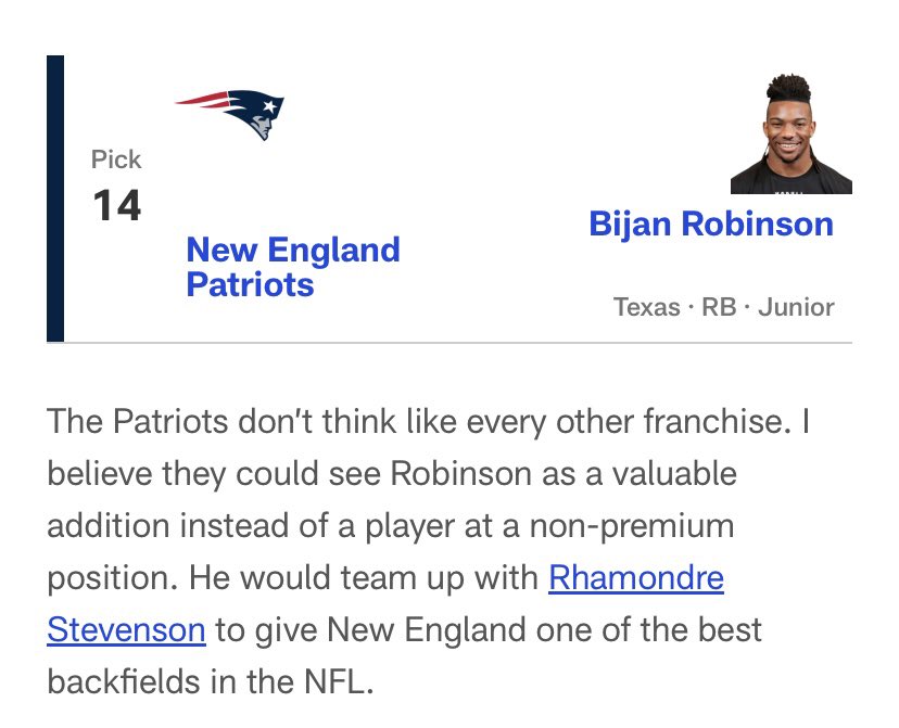 Pats_Dynasty_'s tweet photo. If we draft a running back at 14 I think I might riot https://t.co/W8KvRmYi9j