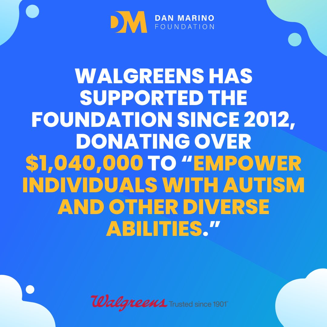 DanMarinoFdtn's tweet photo. The Dan Marino Foundation is excited to announce that it has received a generous donation of $41,675 from its partnership with Walgreens! Donating over $1,040,000 to “empower individuals with autism and other diverse abilities,” Walgreens has supported the Foundation since 2012. https://t.co/mi713xo3Cj