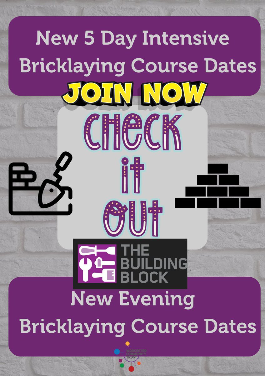 BuildBlockWorc's tweet image. Register Now! New day and Evening Course Dates Available.. #Bricklaying #TrainingCentre #BuildingBlock worcestercommunitytrust.arlo.co/w/upcoming/pag…