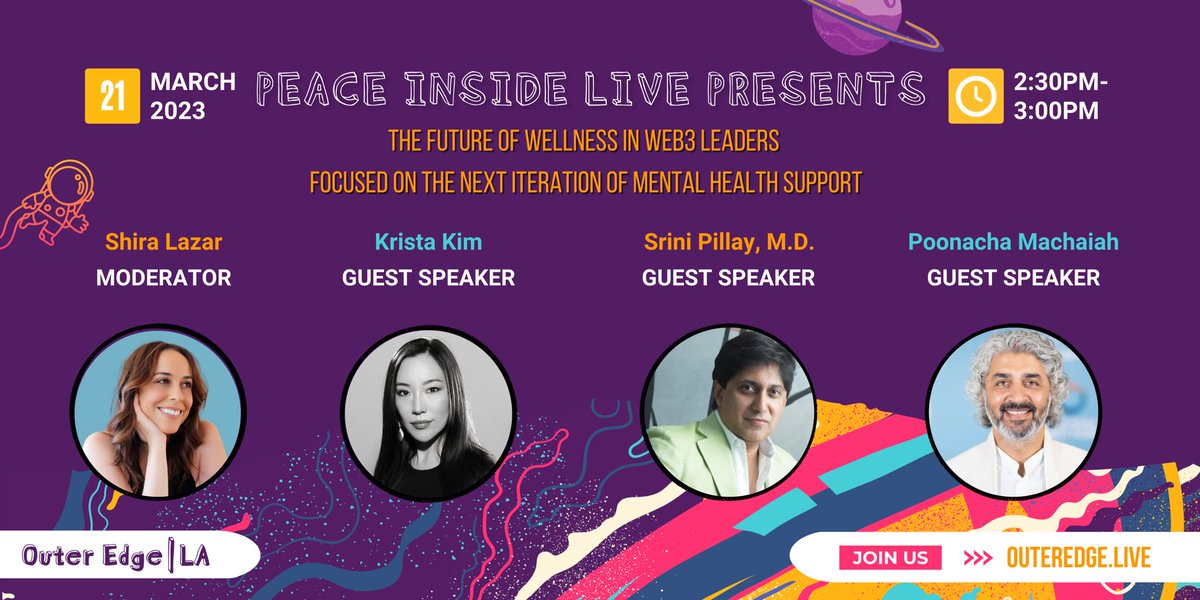 See you today @ @NFTLAlive as we discuss wellness and mental health in the Metaverse with <a href="/srinipillay/">Revoke.Cash</a> <a href="/shiralazar/">Shira Lazar (she/her) 📍Los Angeles, CA</a> <a href="/Reulayinc/">Reulay</a> <a href="/0_Metaverse/">0</a> #OuterEdgeLA #NFTLA