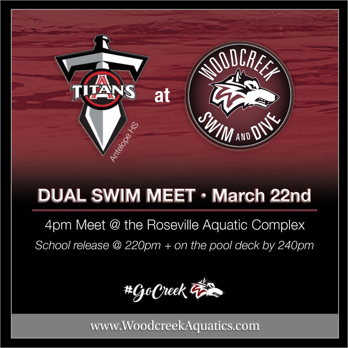 GoCreekAquatics's tweet photo. 📢 Tomorrow, WED 3/22 @ 4pm 🏊 @AntelopeTitans swim team will be at @Woodcreek_HS @ the R.A.C. Good luck, athletes! #GoCreek 🐺 #Swim #Aquatics #DualMeet #Roseville https://t.co/V8YoglOP2Y