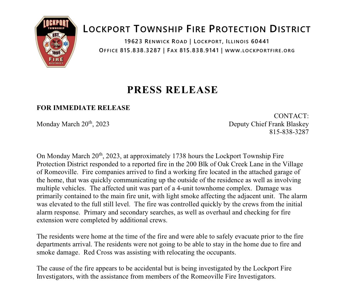 LockportFire's tweet photo. ***Press Release***
Please see the press release regarding the structure fire in District 5 yesterday evening. #lockportfire #structurefire https://t.co/ioWKmWCHOR