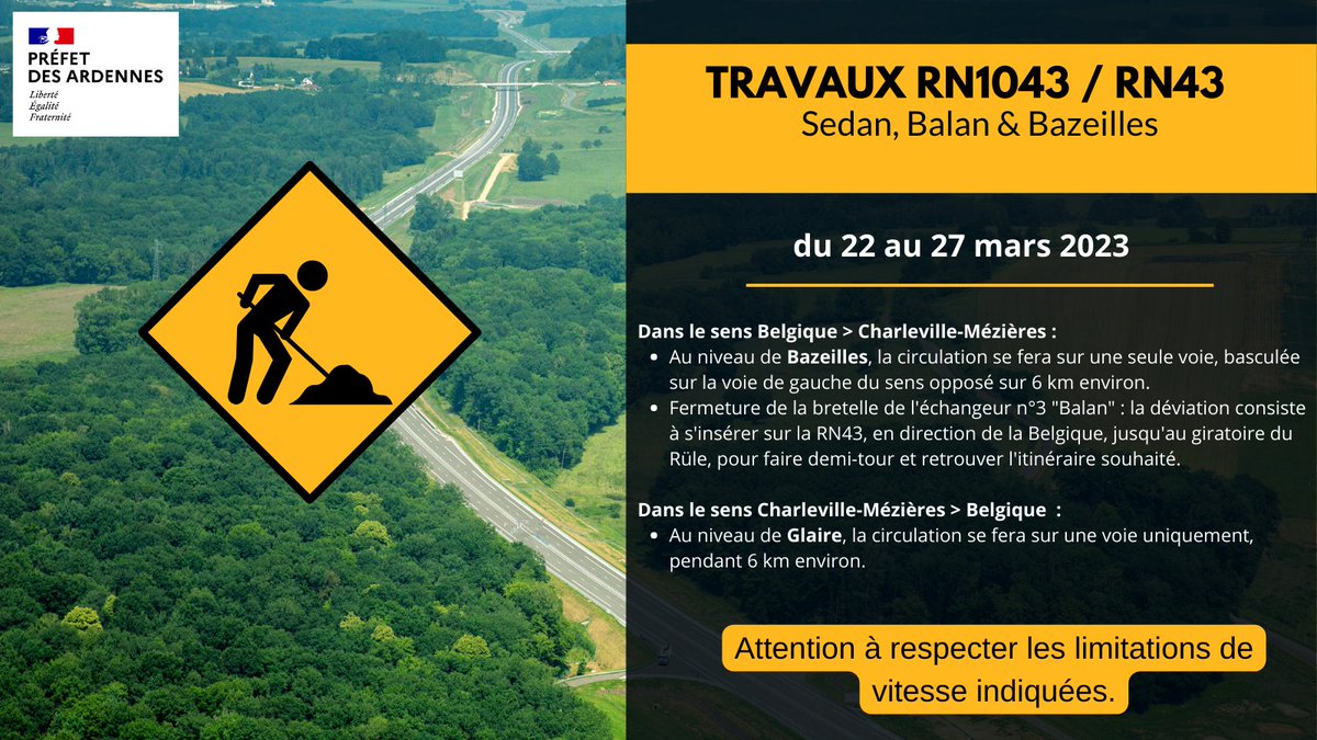 ⚠️🚧 La Direction Interdépartementale des Routes Nord (DIR Nord) nous informe de travaux sur la RN1043 / RN 43 au niveau des communes de Sedan, Balan et Bazeilles du 22 au 27 mars 2023.
<a href="/ardennescd08/">Ardennes CD08</a> 
<a href="/WazeChampArd/">WazeChampagneArdenne</a>