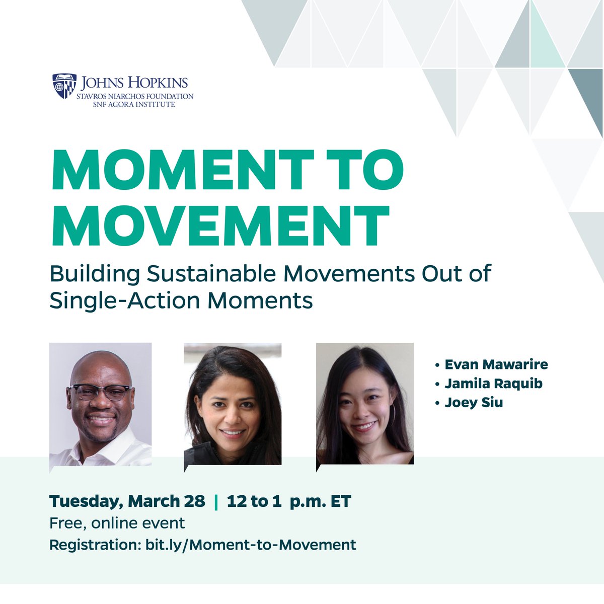 Join us next week for “Moment to Movement,” a virtual conversation with  <a href="/PastorEvanLive/">Evan Mawarire</a>, <a href="/jamilaraqib/">Jamila Raqib</a> and @jooeysiiu about building sustainable movements out of single-action moments. 

Tuesday, March 28, noon ET
Register: bit.ly/Moment-to-Move…