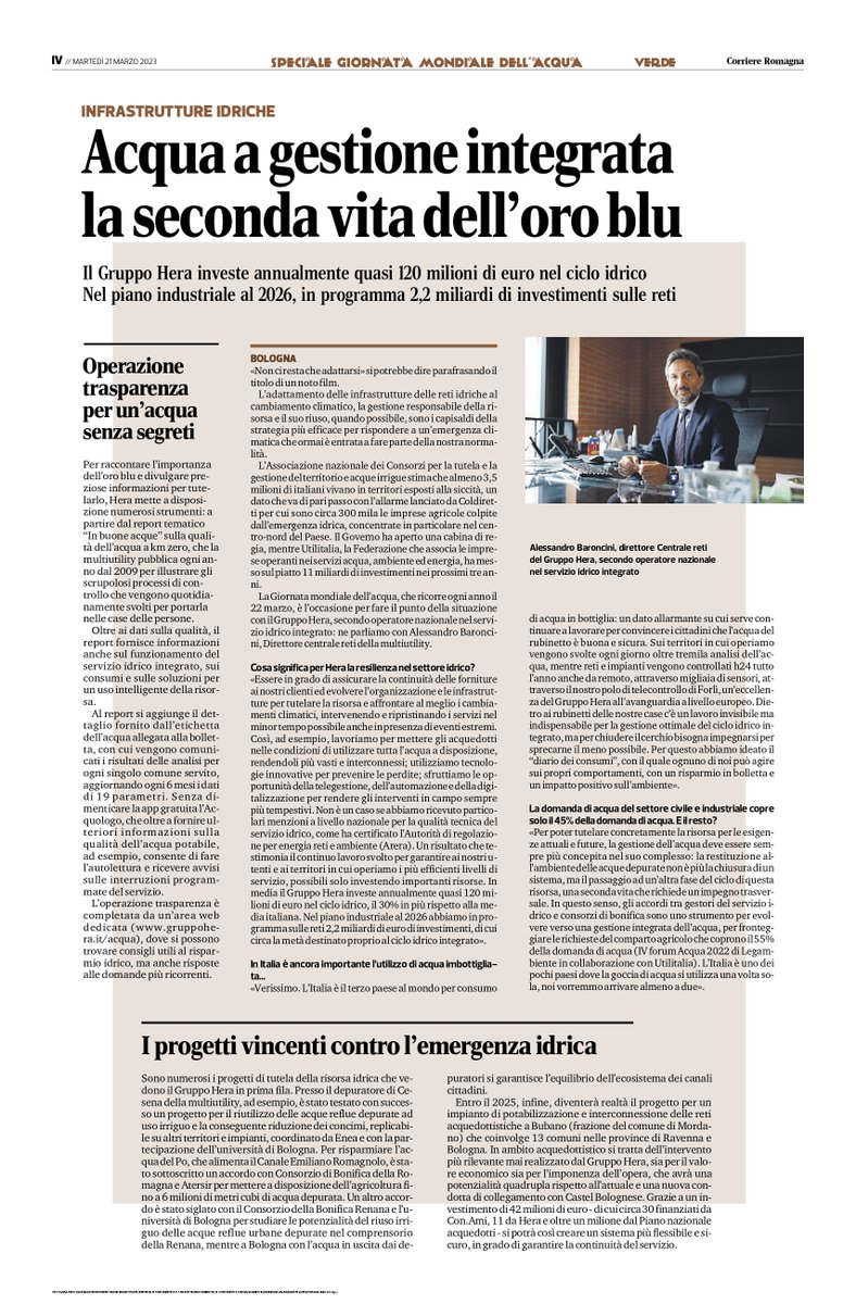 🗞 #Sostenibilità e trasparenza per la tutela dell’#acqua. Su Verde <a href="/CorriereRomagna/">CorriereRomagna</a> l'intervista al Direttore Centrale Reti #GruppoHera Alessandro Baroncini sulle azioni messe in campo per la sfida più importante, quella di non sprecare neanche una goccia di questa risorsa 👇