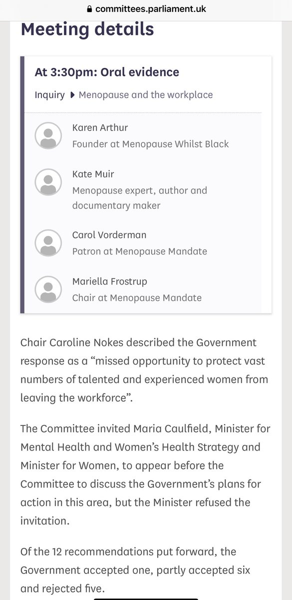 Johnson isn't the only one in front of a parliamentary committee tmrw! 3.30 I'll be giving evidence to Women & Equalities Select Committee ⁦⁦@Commonswomequ⁩ re menopause & the workplace. 60% of menopausal women are negatively effected at work. Law doesn't protect them ❤️