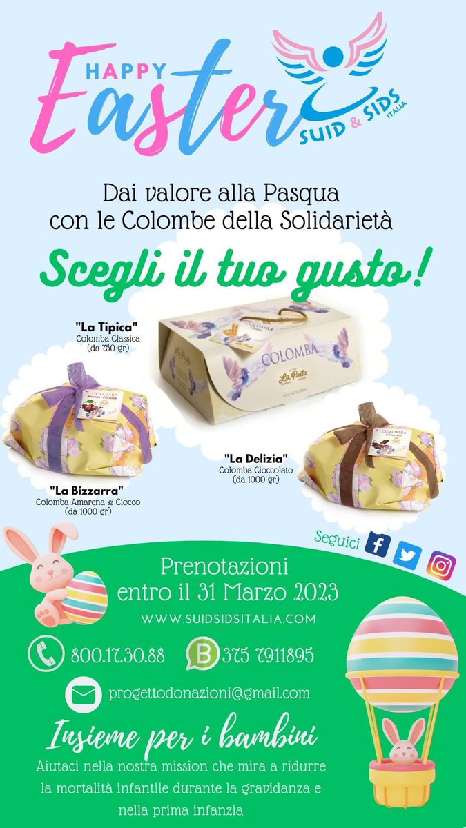 SidsOnlus's tweet photo. 🕊️Colomba solidale    
🐣 Happy #Easter 
Ordina la colomba solidale e dona speranza sostenendo iniziative che mirano a ridurre la mortalità infantile con attività di prevenzione e sostegno alla ricerca scientifica 
#Easter2023 #SIDS #love #fundraising #prevention #research #dove https://t.co/y5vAaiROVT