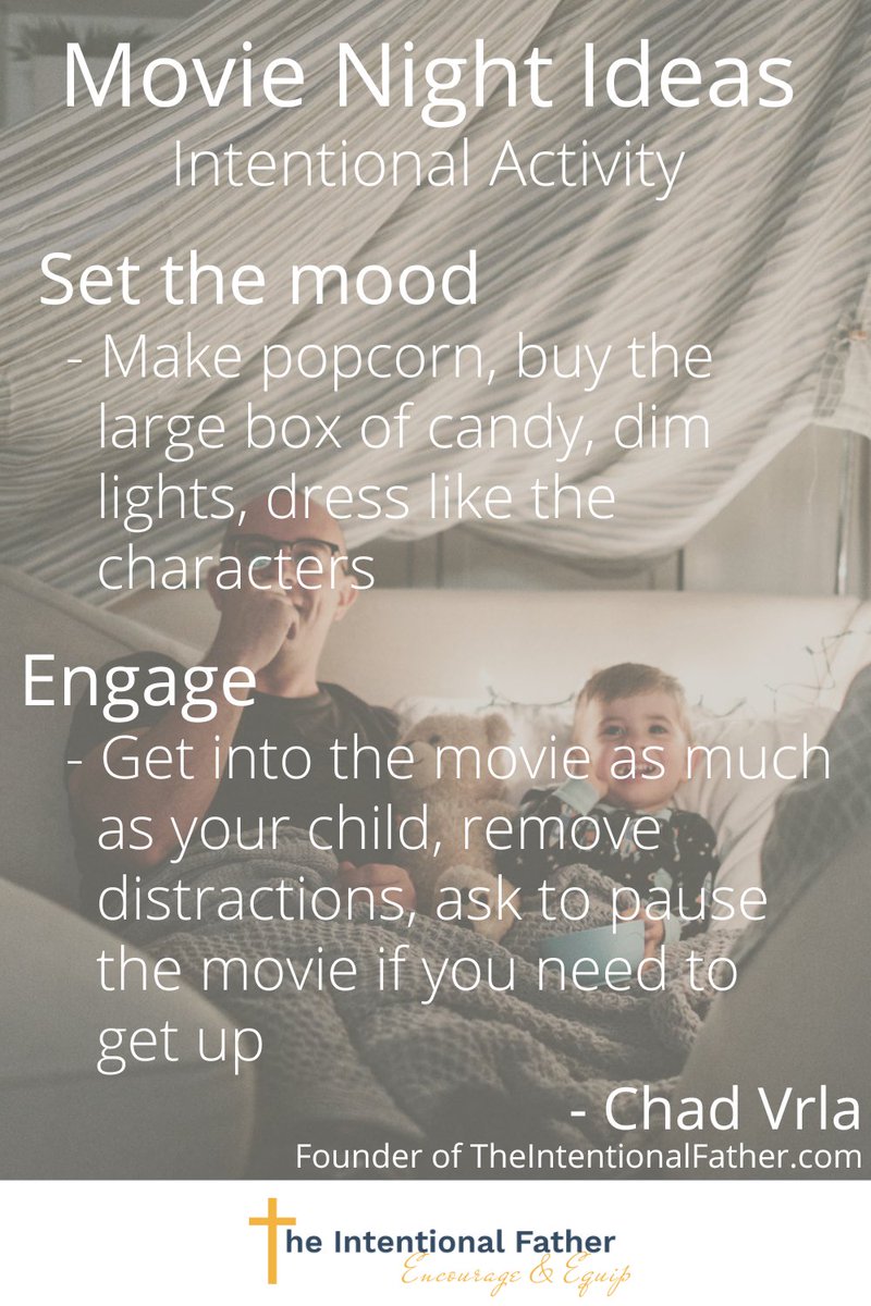 TheIntFather's tweet image. Featured Intentional Activity: Movie Night!

Make popcorn, dim the lights, buy the large box of your child's favorite candy, put your phone away, and watch their favorite movie together!

Read More ↓
theintentionalfather.com/intentional-ac…