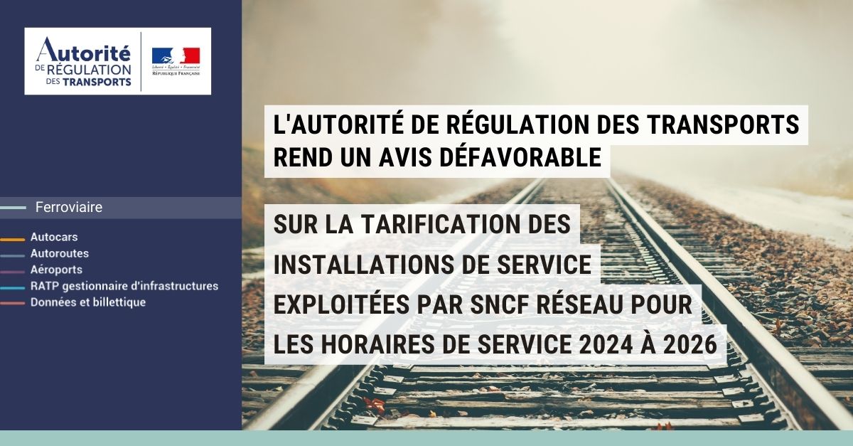 [ #Ferroviaire ] L'<a href="/ART_transports/">Autorité de régulation des transports</a> a rendu un #avis défavorable sur la tarification des installations de service exploitées par SNCF Réseau pour les horaires de service 2024 à 2026, publiée le 9 décembre 2022.

Plus d'informations ici 👉 lnkd.in/eknJtrGX